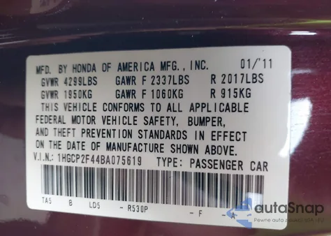 2011 Honda Accord 2.4 Lx-P from USA, damaged, VIN 1HGCP2F44BA075619